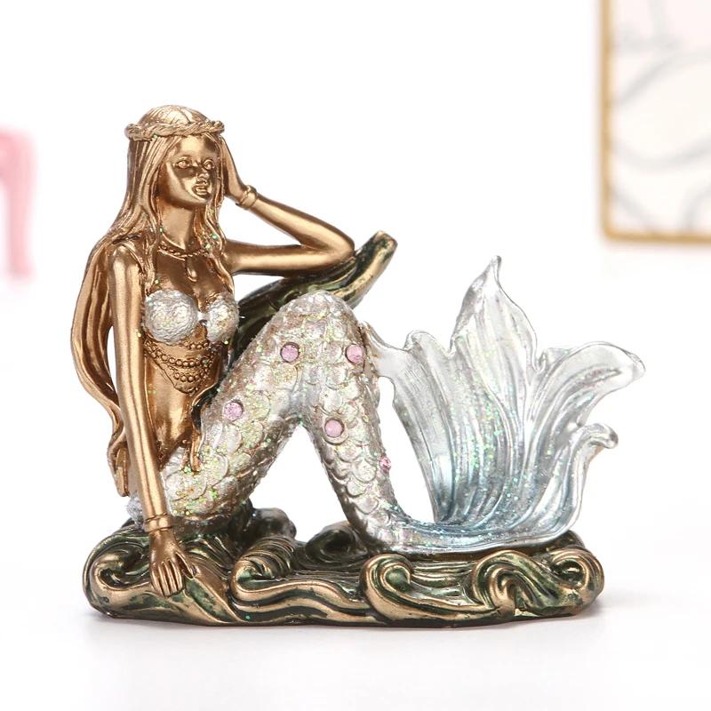 Resin Mermaid Figure Rhinestone Sea Maiden Girl Miniature Fairy Tale Character Ornament Room Decor Handcraft Gift for Girlfriend