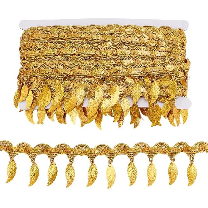 PH PandaHall 10 Yards Gold Sequin Fringe Trim Leaf Tassel Ribbon, Fabric Decorative Trim Gold Edging Trim Sewing Ribbon for Wedding Dance Dress