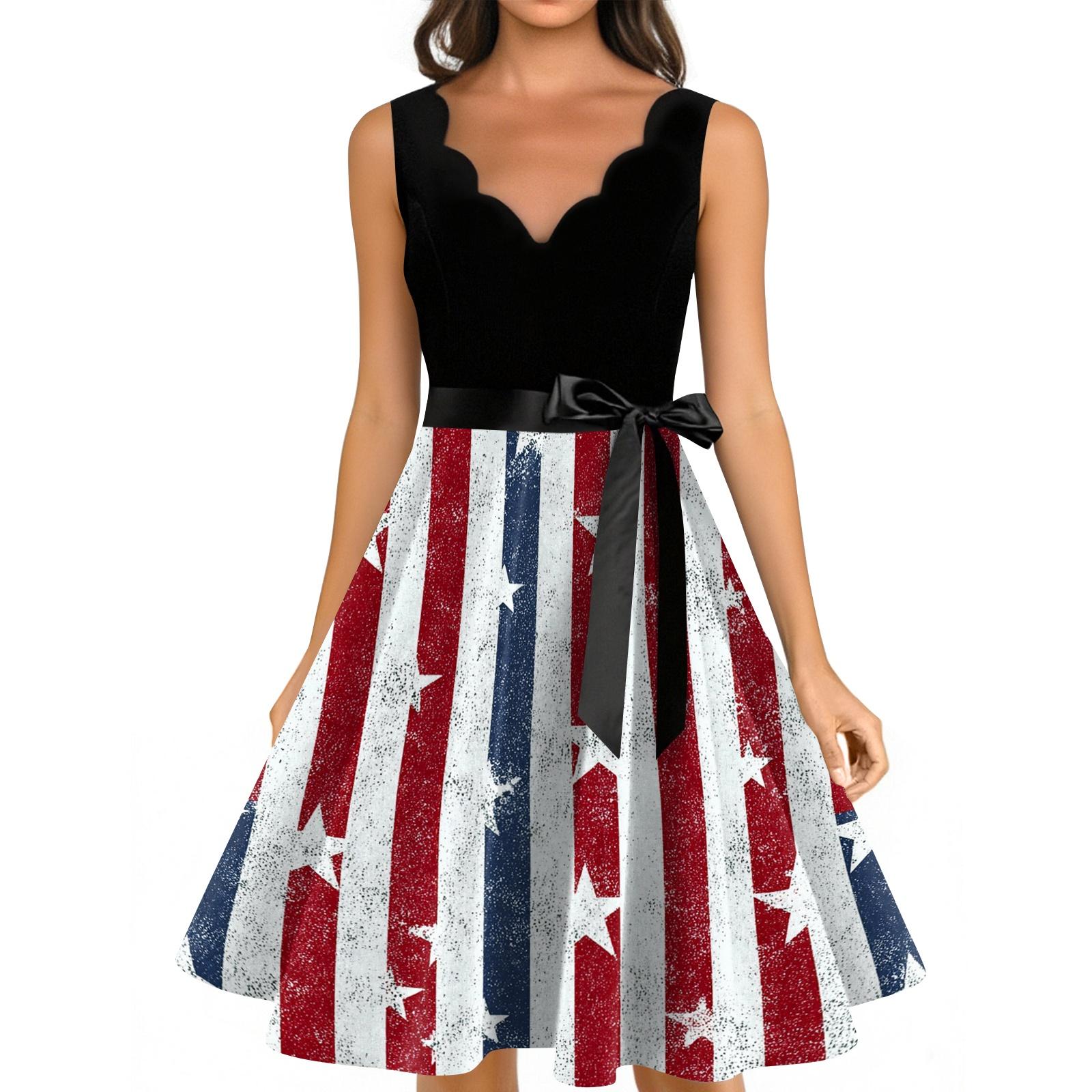 Women s Casual Fashion Independence Day Printed V-neck Retro Sleeveless Dress M