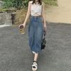 High-Waist A-Line Mid-Length Denim Skirt with Leather Accents - Women's Designer Casual Wear