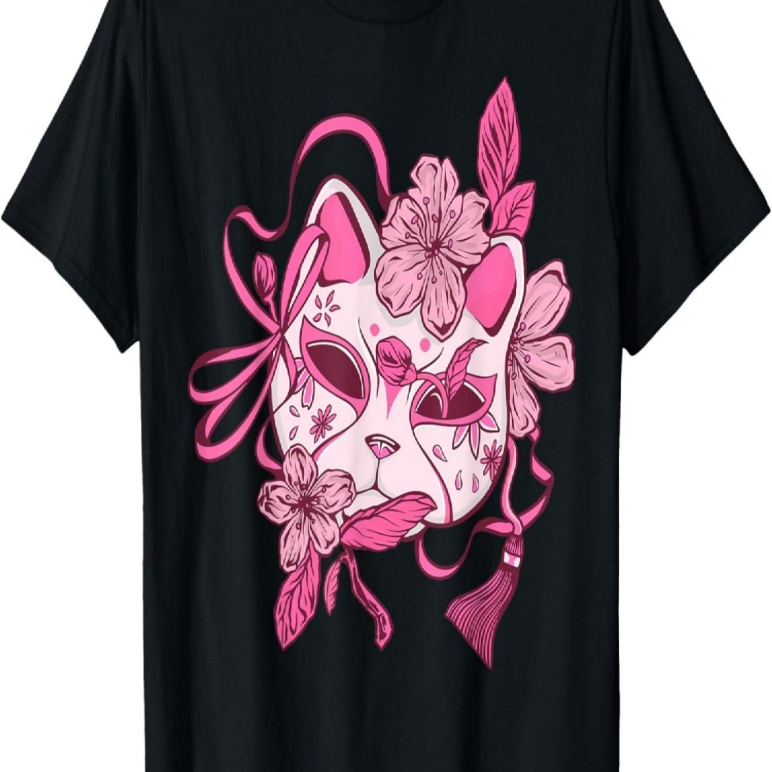 Футболка с изображением маски кицунэ и цветущей сакуры S чёрный