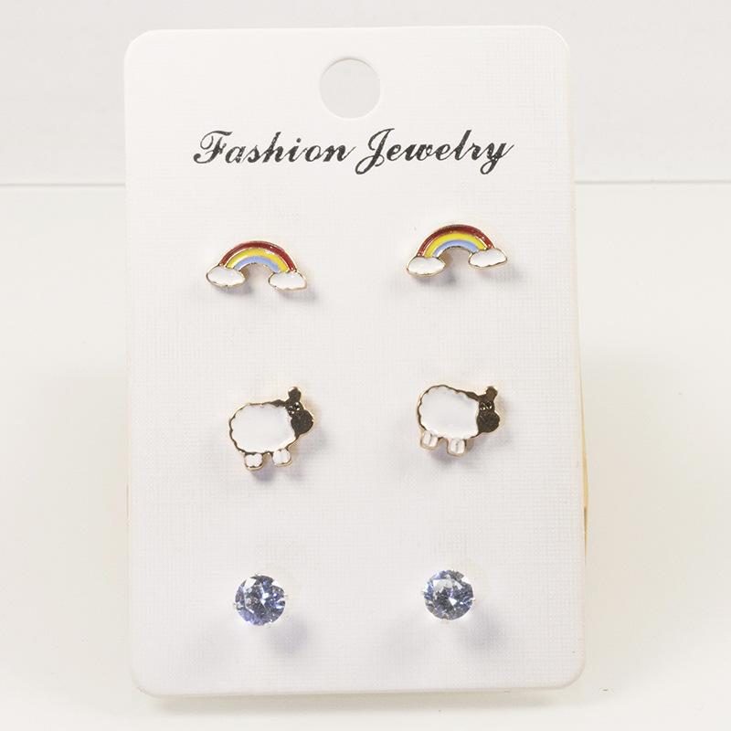 S925 silver needle niche design sheep rainbow stud earrings set combination stud earrings trendy small simple cold wind