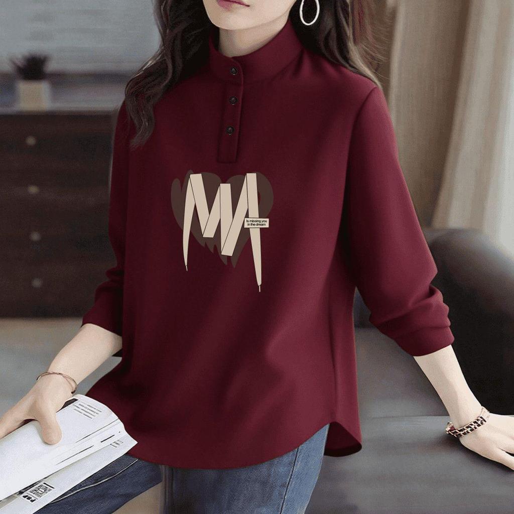 Women's Plus Size Long-Sleeve T-Shirt with Stand Collar and Lapels - De Rong Base Layer, Autumn/Winter Style for a Slimming Look