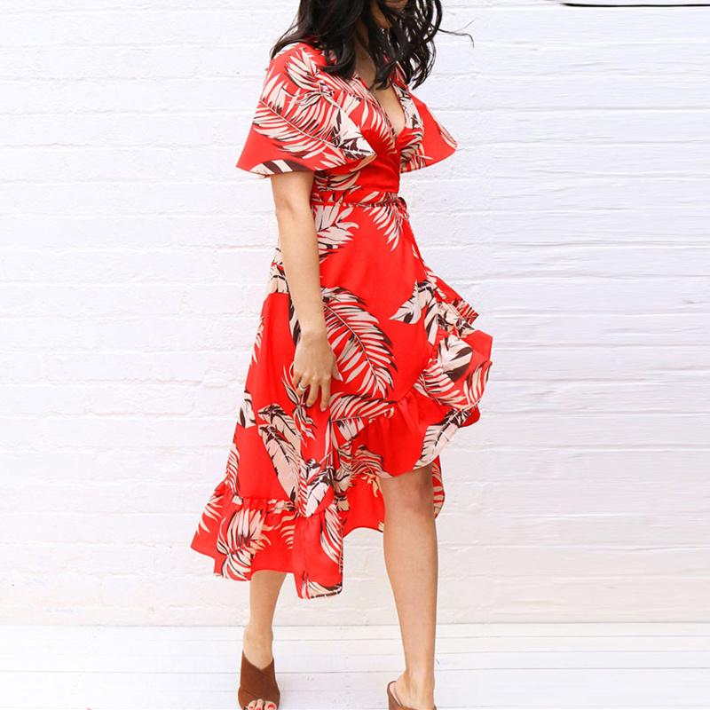 WTEMPO New Arrival 2019 Chiffon Summer Dress Sexy V Neck Print Short Sleeve Beach Dress Irregular Sa