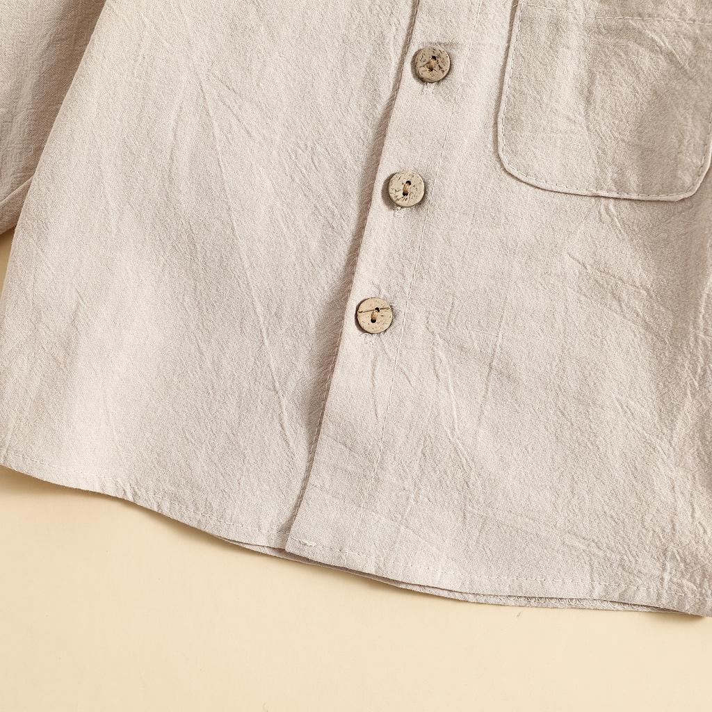 Children’s Spring/Autumn Set: Boys’ Plain-Coloured Cotton-Linen Stand-Up Collar Shirt and Trousers – A Casual and Comfortable Two-Piece Set
