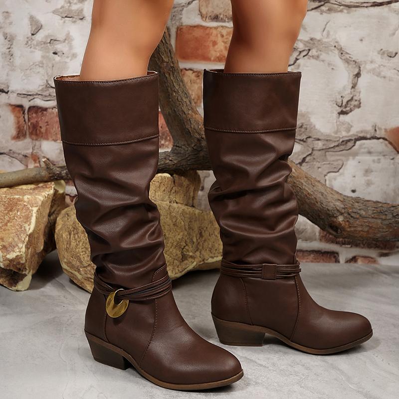 Fashion Slip On Thick Heels Knee High Boots Women Metal Decor Non Slip Pu Leather Boots Woman Plus Size 36-43 Retro Long Botas Mujer