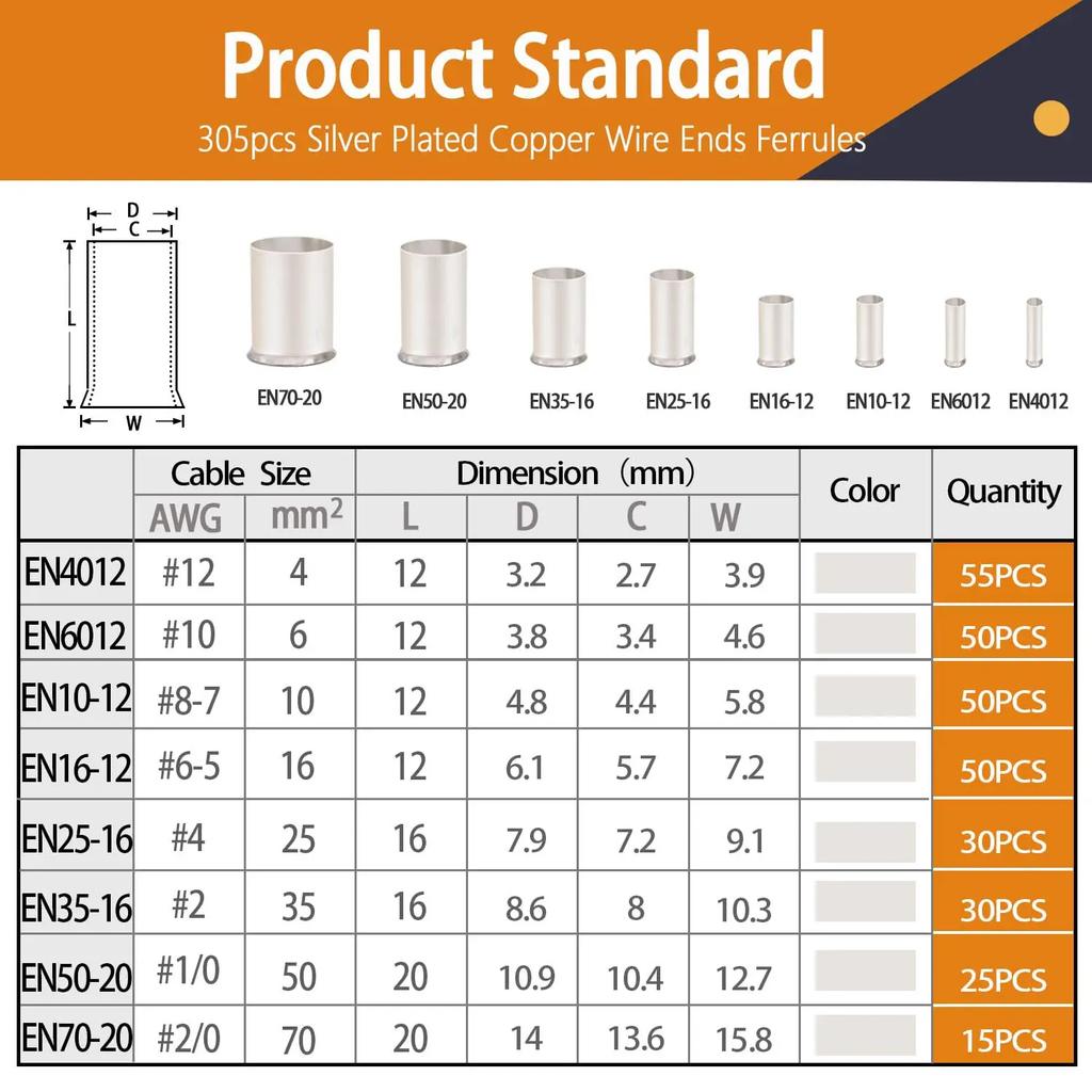 166/305 Pcs Wire Ferrules Kit 8 Sizes Silver Plated Copper Crimp Terminal Connector Insulated Cord End Sleeves Terminal