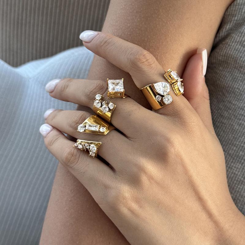 Geometric Zircon Open Rings For Women Gold Pvd Plated Stainless Steel Rings Jewelry Rhinestone Crystal Ring Shiny Zircon