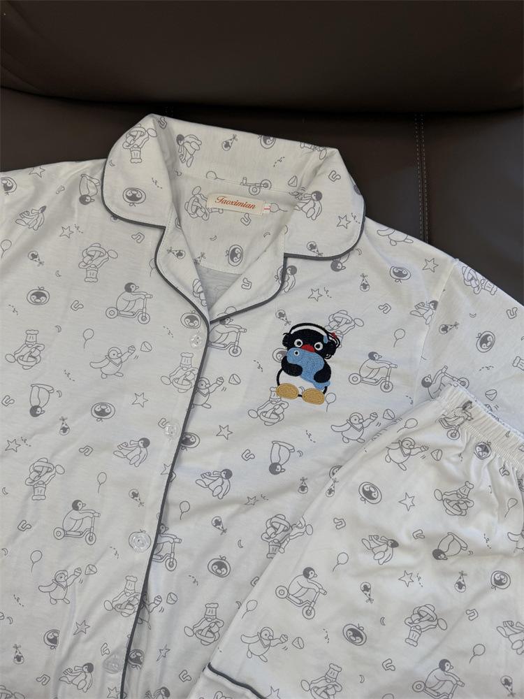 New full-printed little penguin pajamas women s summer short-sleeved shorts set girl casual lazy style loungewear S