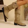 Women'S Solid Color Trendy Knight Boots Buckle Decor Chunky Heel Mid Calf Botas Mujer  Autumn Winter Slip On Slouchy Boots