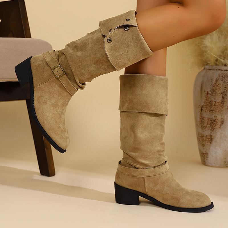 Women'S Solid Color Trendy Knight Boots Buckle Decor Chunky Heel Mid Calf Botas Mujer  Autumn Winter Slip On Slouchy Boots