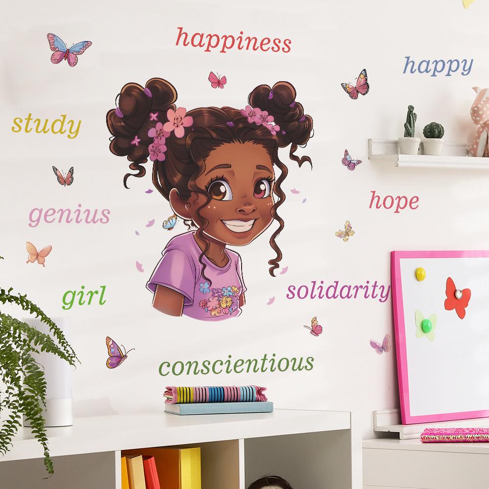Tecknad Söt Liten Flicka Väggdekal Inspirerande Engelska Citat Motiverande Slogan Barnrum Sovrum Dekor Hemma Bakgrundsdekoration