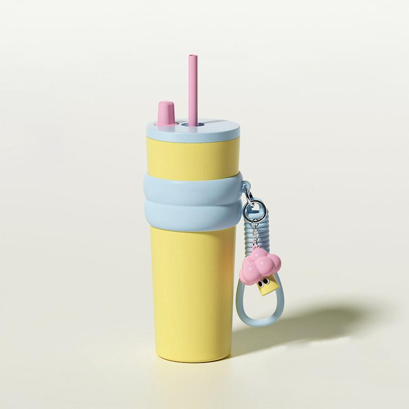 

710 мл термокружка с трубочкой из нержавеющей стали термос изолированная бутылка для воды кофейная чашка дорожная автомобильная кружка стакан портативный 710ML жёлтый