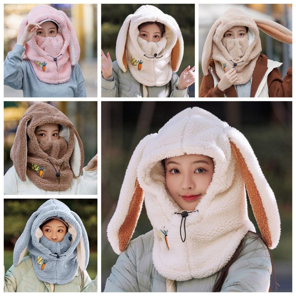 Drawstring Masks Hood Beanies Cartoon Fleece Pullover Cap Rabbit Ear Balaclava Hat  Girls