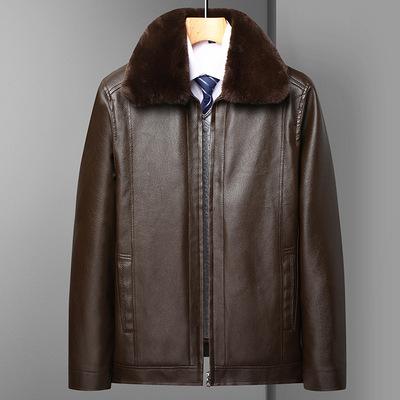 Sweater collar leather jacket men's winter middle-aged and elderly coat fleece thickened locomotive PU leather jacket warm middle-aged dad