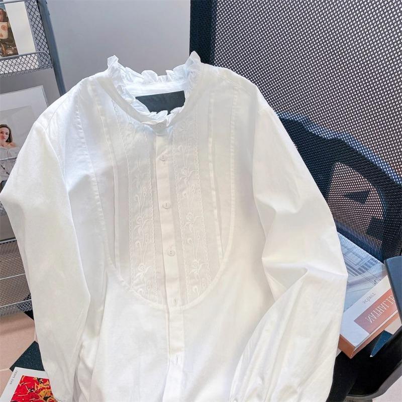 Solid Color Embroidered Women's Shirt Fungus Edge Stand Collar Long Sleeved Shirts French Spring Autumn Period Woman Top