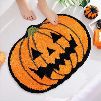 Halloween Theme Floor Mat Non-Slip Front Door Welcome Mat Fun Pumpkin Ghost and Spider Web Door Mat Home Carpet Decoration