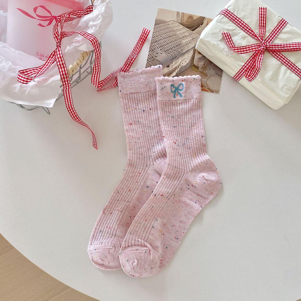 Female Spring and Summer Thin Idea Yarn Bow Embroidery Lace In The Tube Pile Socks