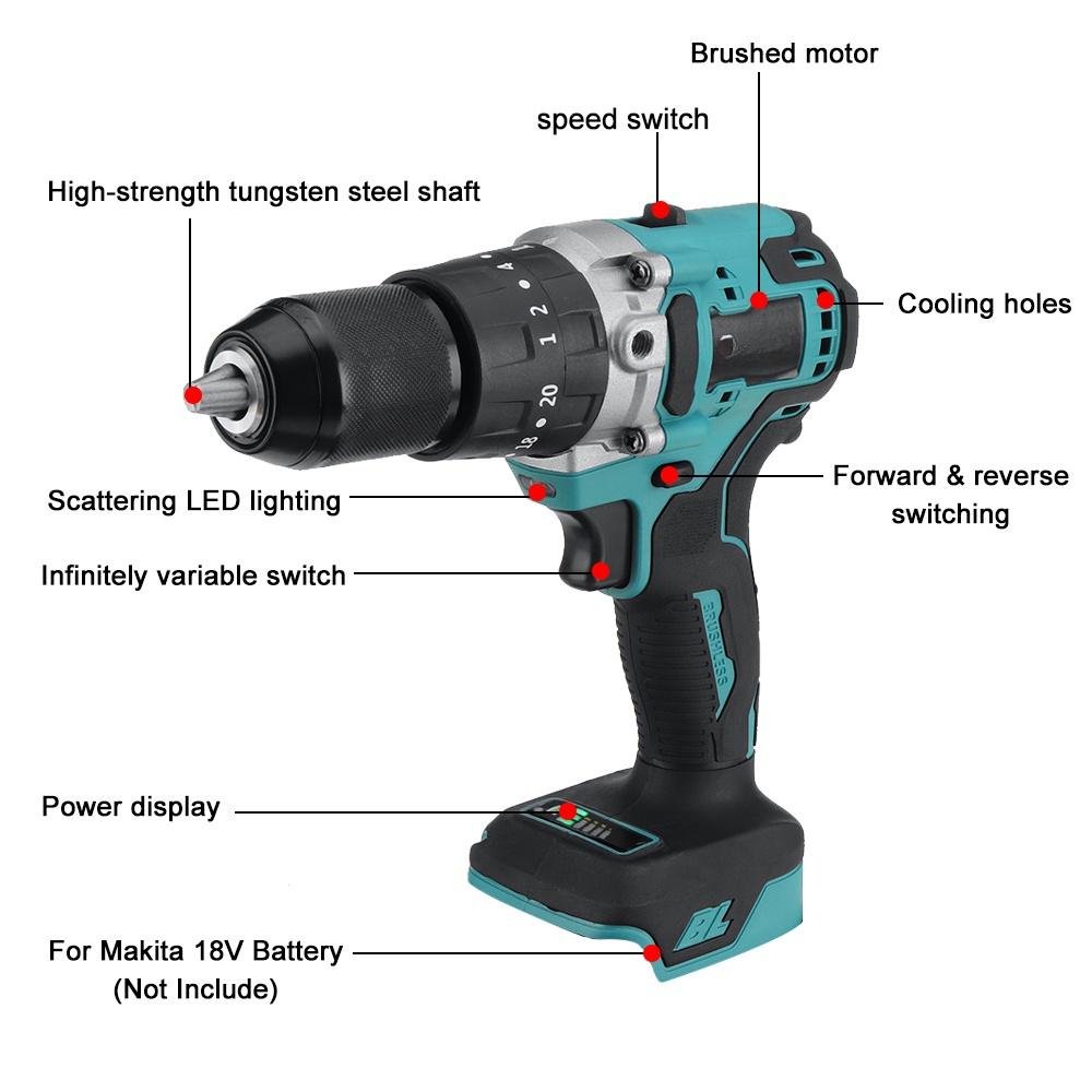 3In1 13mm Cordless Brushless Electric Drill 520NM Screwdriver 20+2 Torque Impact Drill Power Tool with 2 Battery 388VF