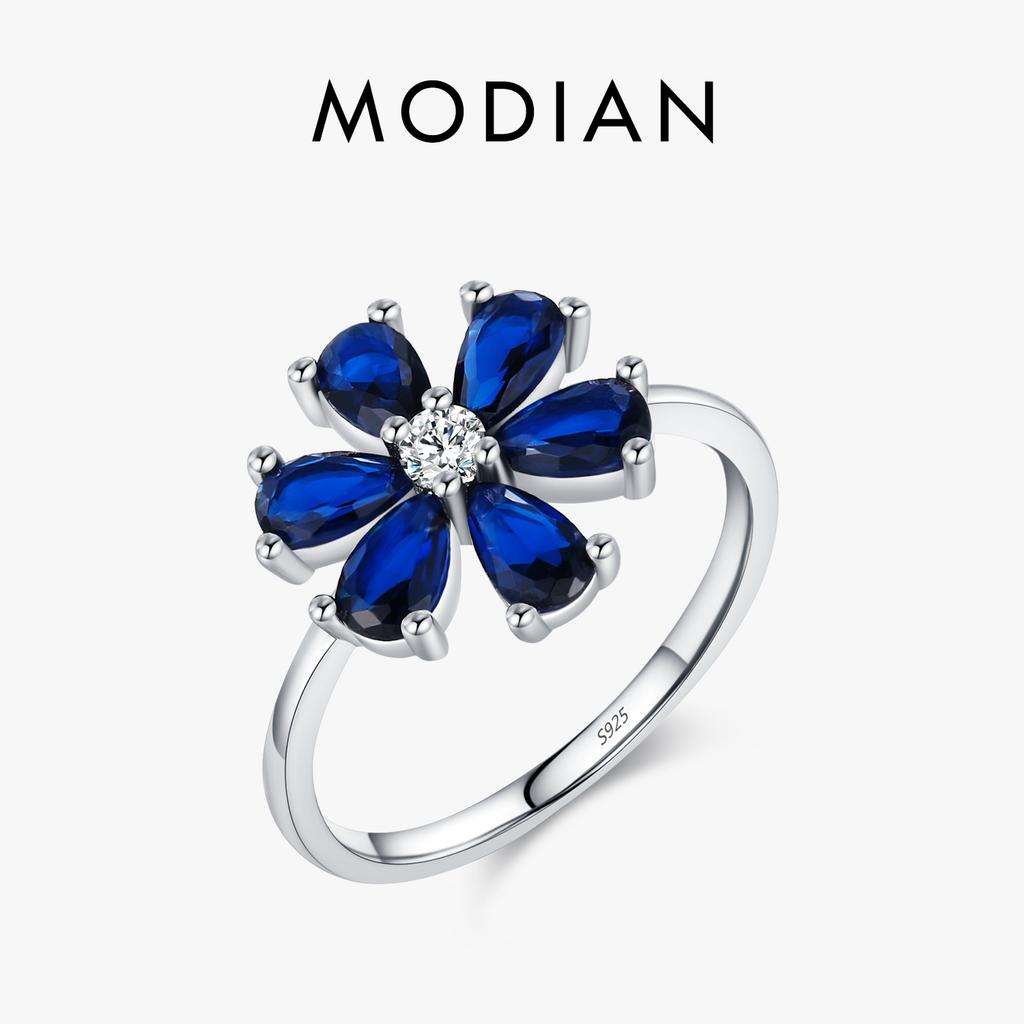 MODIAN 925 Silver Exquisite Flowers Finger Rings Royal Blue Water Drop Luxury Ring For Women Aniversary Fine Jewelry