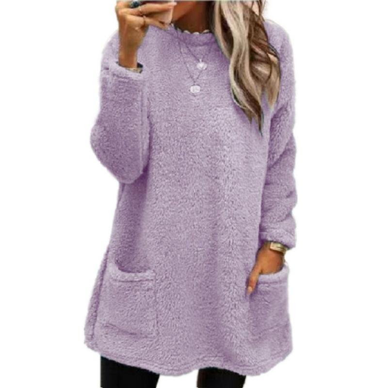 Fashion Women's Long-sleeved Pocket Plush Sweater T-shirt Top