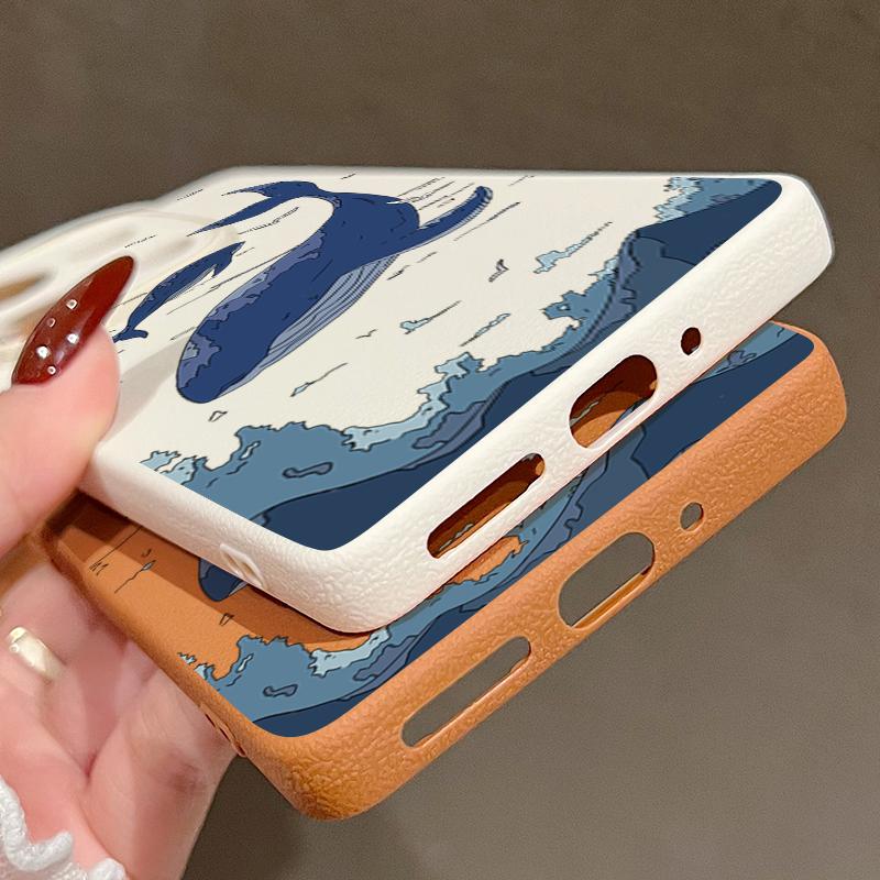 For Xiaomi 13T Pro Poco X7 X6 Redmi Note 14 13 12 11 Case Shell Whale Pattern TPU Leather Texture Matte Soft Shockproof Lens Protection Phone Cover