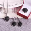 1Set Black Alloy Round Crushed Stones Jewelry Set Necklace Earrings Rings Elegant Gift For Women Wedding Party Anniversary
