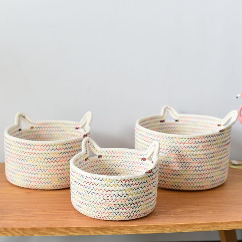 Desktop Storage Sets Cat Ear Organizer Cosmetic Snacks Sundry Keys Woven Storage Basket
