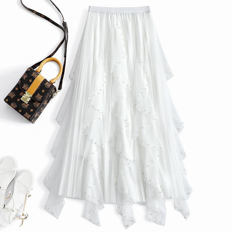 Spódnica midi z siateczki z gazy i koralików wiosenno-letniej sukience w kształcie litery A, o nieregularnym kroju, z wysokim stanem