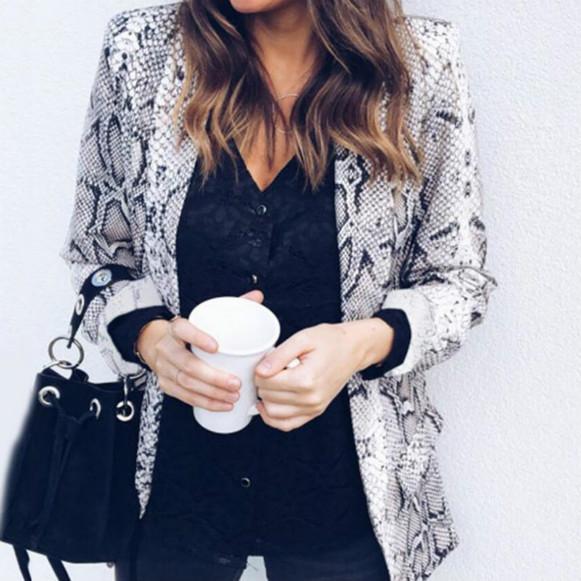 

Элегантный женский блейзер Цельный кусок Офис Лацкан Винтажный костюм Леди Змея Кожа Печать Одежда