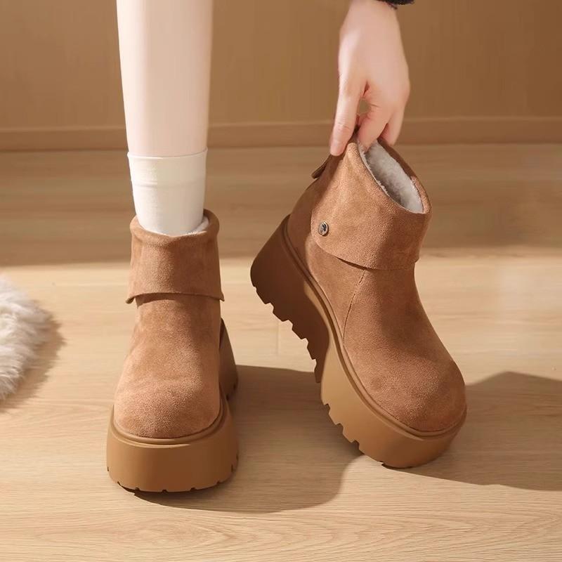 Thick-soled Heightening Snow Boots Women's 2025 New Winter Plush Warm Fluffy Short Boots Fashionable Ugly and Cute Big-headed Cotton Shoes