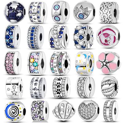 Silver Plated Charms Clasp Stopper Beads  Clip Charm Star Moon Flower Shape Fit Original  Bracelet DIY Jewelry Making