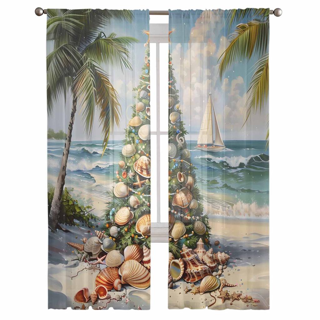 Christmas Beach Christmas Tree Shell Sailing Palm Tree Sheer Curtains Gauze Curtain for Living Room Bedroom Voile Yarn Curtains