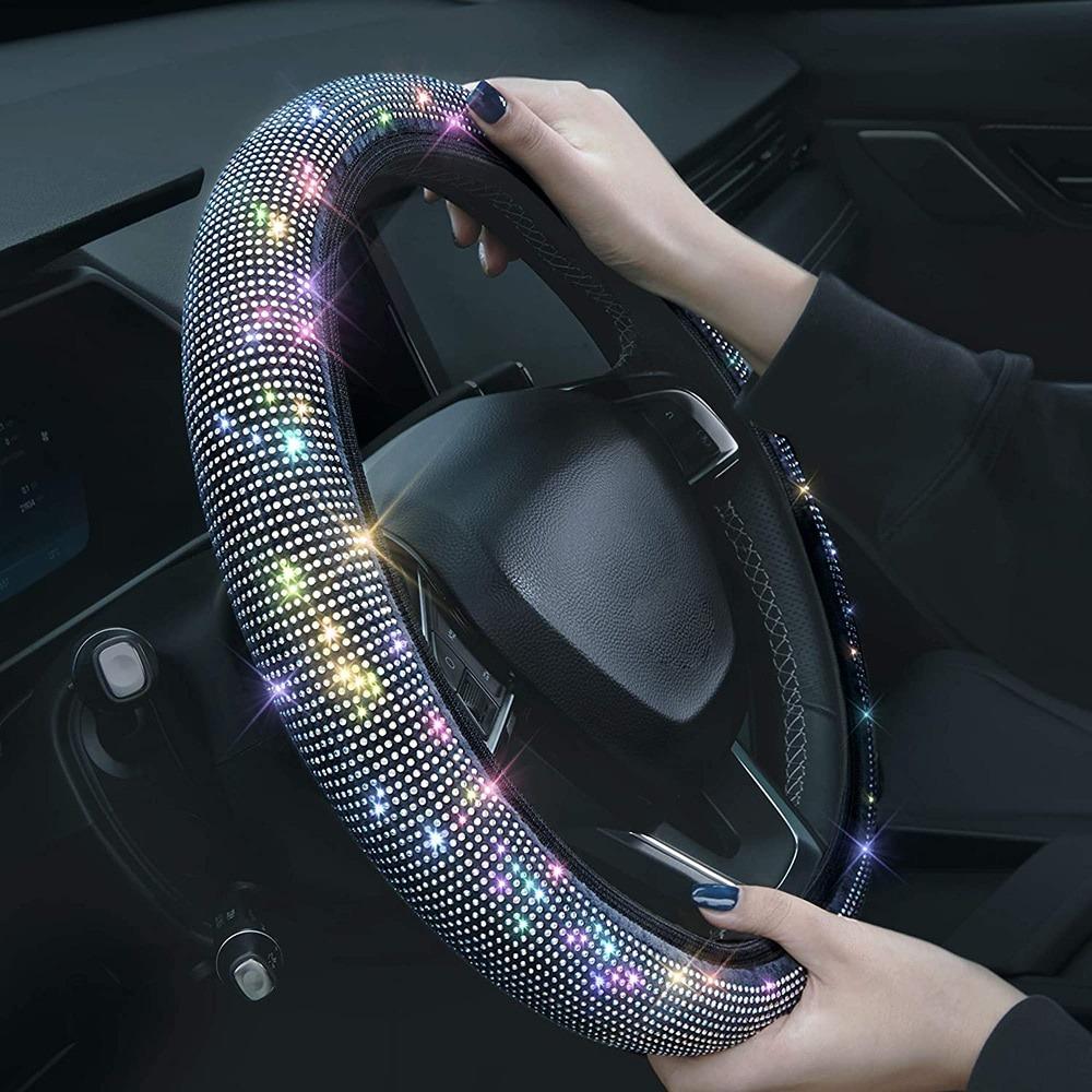 38cm Bling Rhinestones Steering Wheel Cover for Women Girl with Crystal Diamond Sparkling Car SUV Breathable Anti-Slip Universal Steering Wheel Covers