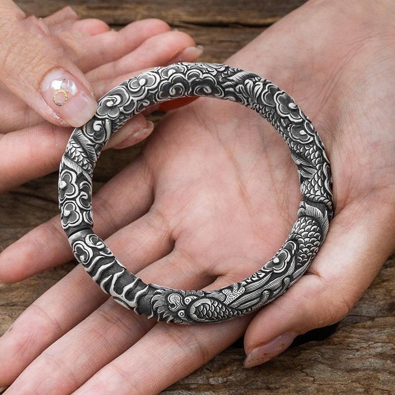 Snowflake Silver Bracelet Men's Personalized Retro Wear Yunlong Pattern Full Dragon Sterling Silver Bracelet National Style