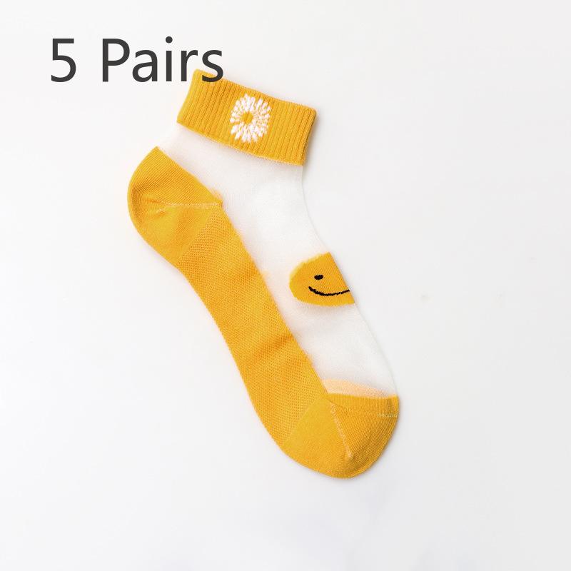 5 Pairs of Ladies Spring and Summer New Small Daisy Crystal Silk Short Boat Socks