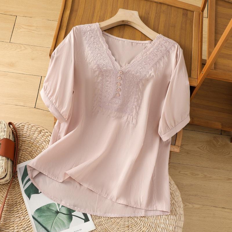 

Хлопок лен цветочная вышивка рубашка женская с короткими рукавами V-образный вырез повседневные блузки свободные однотонные матери футболка женская топ XXL розовый