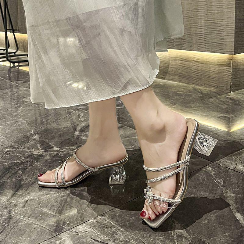Crystal Fairy Thick Heel Slippers High Heel Sandals Bow Summer Rhinestones Premium Beauty