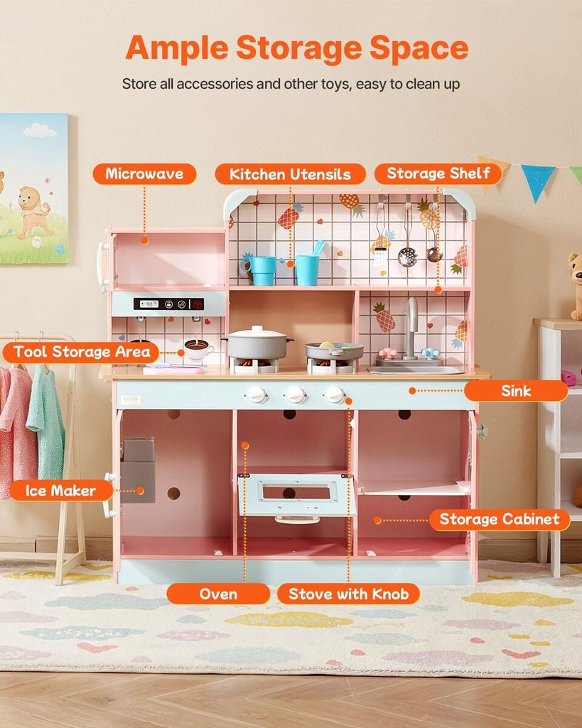 Kitchen Playset Kids Pretend Cooking Play Toy 24 Piece Accessories Pink