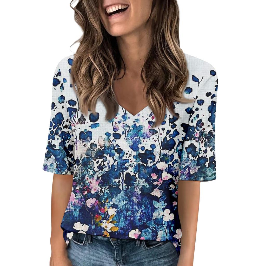 Women's V Neck T Shirts Half Sleeve Tops Printed Casual Summer Tees T Shirt Blouse