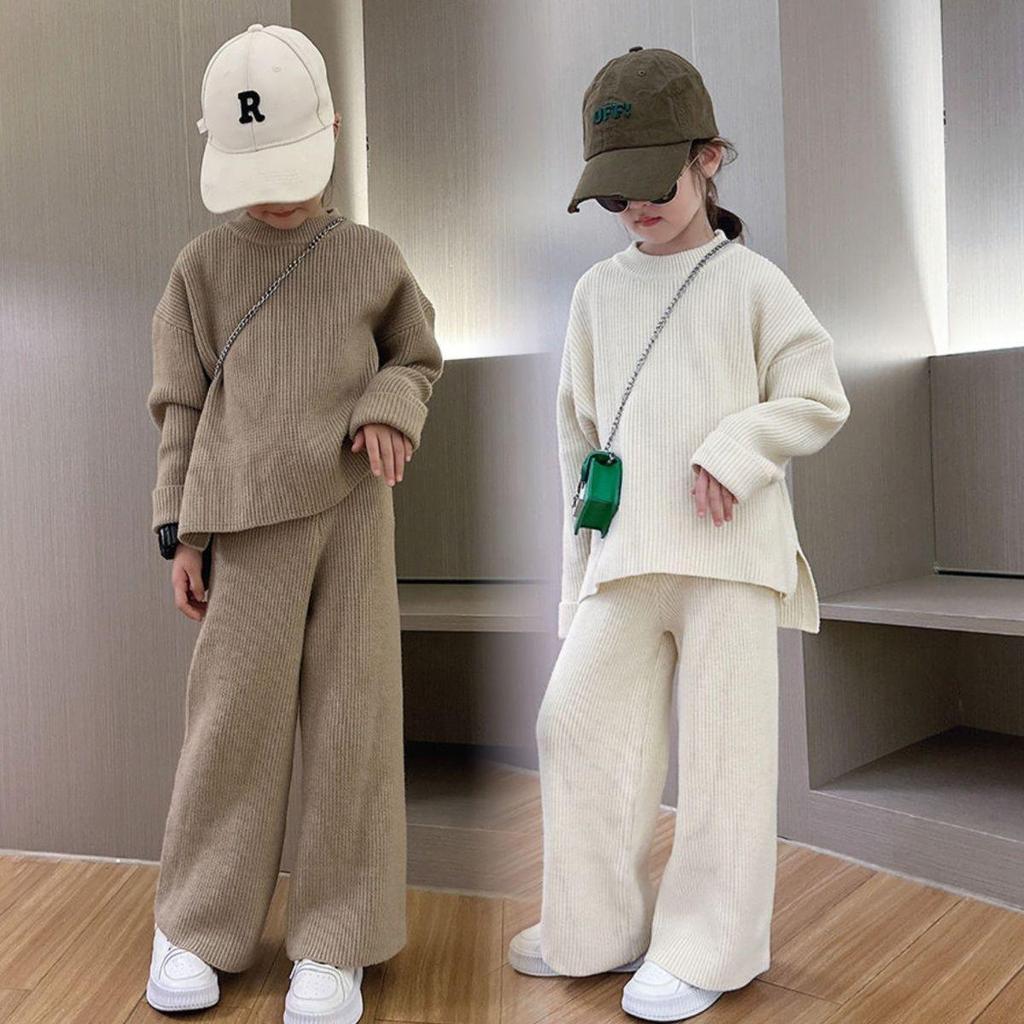 Herbst/Winter Lässiger Stil Mädchen Zweiteiliges Strickpullover-Set mit Weitbeinigen Hosen