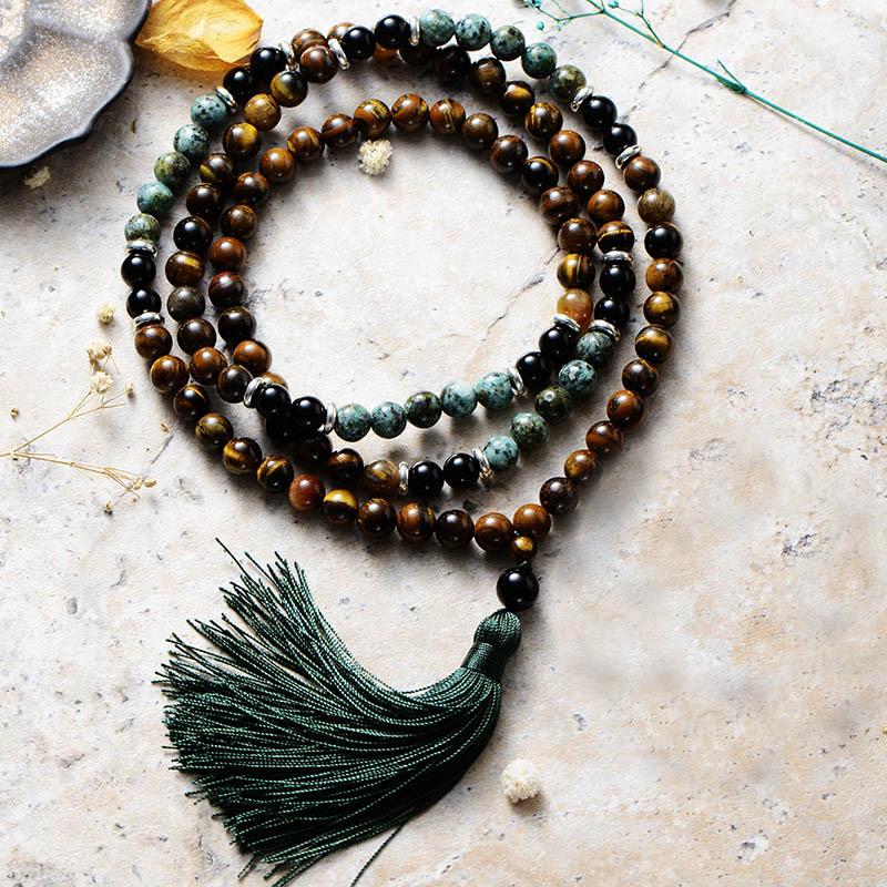 Retro Ethnic Style Tiger'S Eye Stone Turquoise Beaded Necklace 108 Buddha Beads Rosary Beads Fringed Long Necklace Men And Women