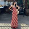 High-end Temperament Plaid Suspender Skirt Women's Summer Seaside Vacation Style Red Waist Dress Hip Skirt Long Dress