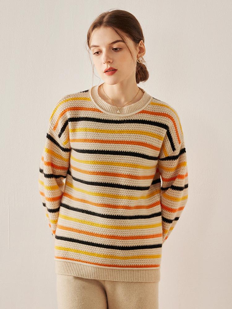 Striped Color Block Women's Drop Shoulder Cashmere Pullover Sweater
