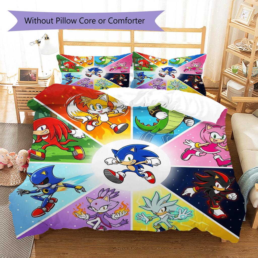 Hedgehog Sonic Pattern Bedding Quilt Set Quilt Cover Pillowcase Home Decoration Birthday Gift (1 * Duvet Cover + 2 * Pillowcase, Without Core)