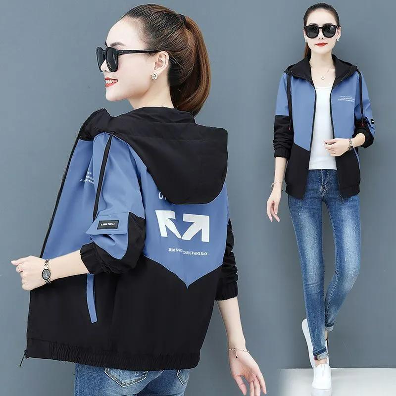 Women's Spring and Autumn Loose Hooded Trench Coat Printed Design Color Clash Jacket