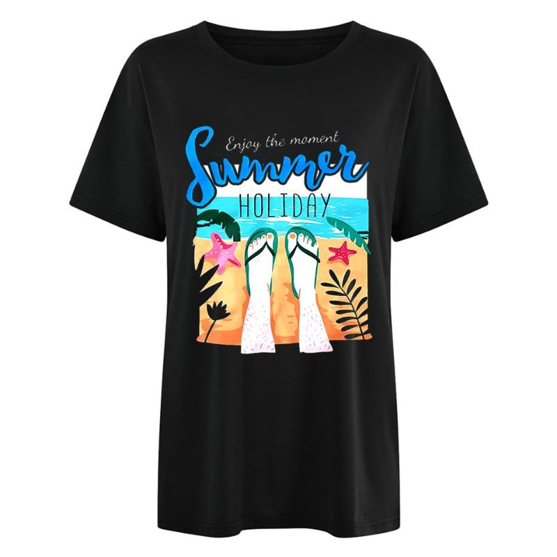 Spring Summer Letter Beach Sea View Pattern Printed Women's Loose Casual Round Neck Pure Cotton Short Sleeved T-Shirts Women’s