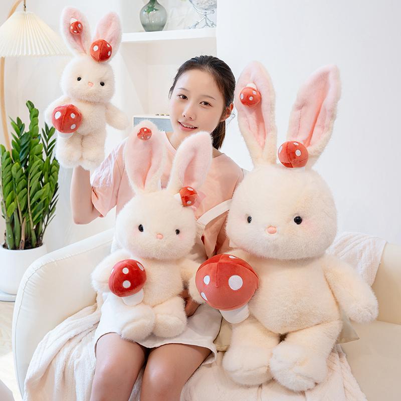 Süßes Kaninchen Hand hält Pilze Plüschtier Gefüllt 40/60/85cm Weißes Kaninchen Kuscheltier Kreatives Geburtstagsgeschenk