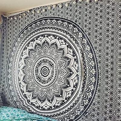 Indian Traditional Mandala Hippie Wall Hanging, Cotton Tapestry Ombre Bohemian Bedspread (Grey/Black)