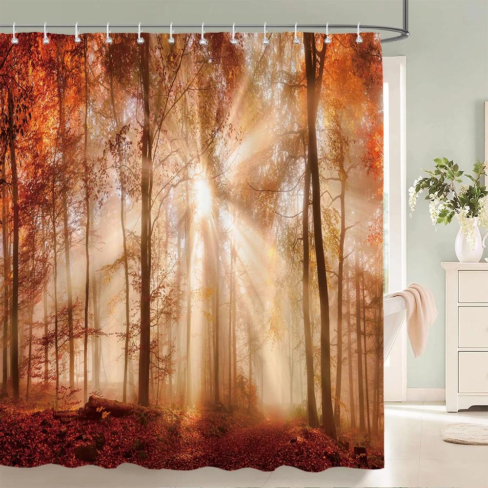 Forest Scenery Printed Fabric Shower Curtains Autumn leaves Tree leaf Bath Screen Waterproof Products Bathroom Decor with Hooks